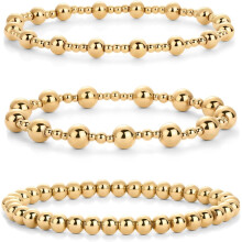 (6.5, Yellow Gold) HKEDES 14K Gold Plated Beaded Bracelet Pack for Women | Stainless Steel 3-Piece Stretchy Bracelet Set | Waterproof Ball Trio