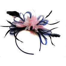 (As show, Pink) Fashion Feather Hair Fascinator Headband in Navy Blue and Baby Pink, for Weddings and Royal Ascot Races