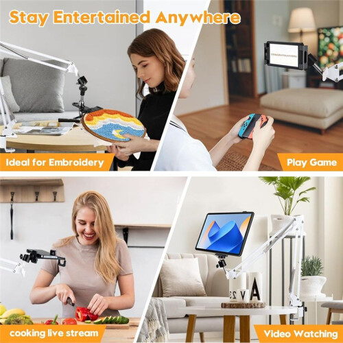 White Adjustable Embroidery Hoop Stand for Handwork, 3 in 1 Hoop/Tablet/Phone Holder Desktop Stand, Needlework Frame 2