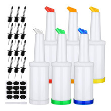 6 Pack Plastic Pour Bottles with Stainless Steel Pourer-Tapered Spout for Liquor and Juice Store 34 Ounces