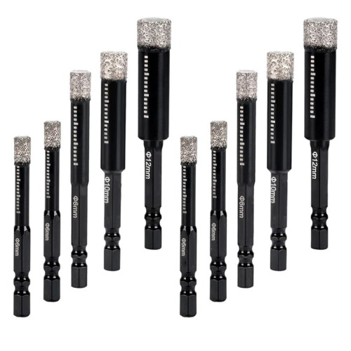 10-Pack Diamond Drill Bits Set, 1/4 5/16 3/8 1/2 Inch Diamond Hole Saw - 1/4 Hex Shank Core Drill Bits for Ceramic