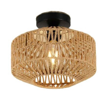French Farmhouse Retro Chandelier-Handwoven Straw&Jute Shade with Wrought Iron Frame,Rustic Ceiling Lighting for Cafes