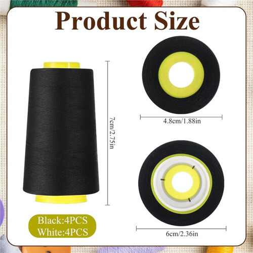 8Pcs Polyester Sewing Thread 40S/2, 3000 Yard Spools for Serger and Sewing Machines, Black & White 2