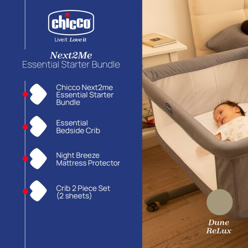 Chicco Next2Me Essential Starter Bundle with Next2Me Essential Bedside Crib, Night Breeze Mattress Protector and Crib Set 2 Pieces (2 sheets) Air 1