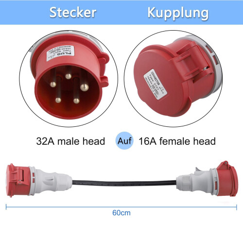 5Pin Adapter Plug 32A to 16A Coupling Socket [3-Phase,400V] Hose Cable High Current Adapter ,Protection Class IP44 2