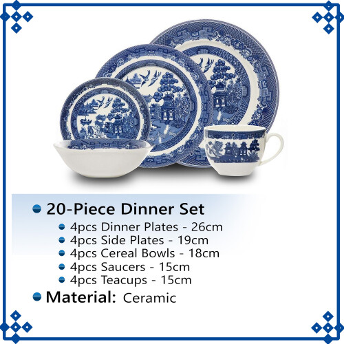 Blue Willow 20-pcs Dinner Set Ceramic Serving Plates Bowls Saucers Cups Antique 1