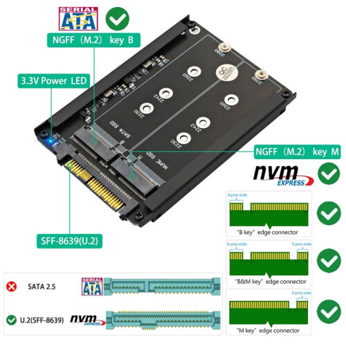 SSD NVME M.2 2 em 1 e SSD Chave B/B&M para SFF-8639 U.2 com Suporte de Estrutura - Retenha SSD MSATA Como Unidade  de 7 mm e 2,5 Polegadas 2