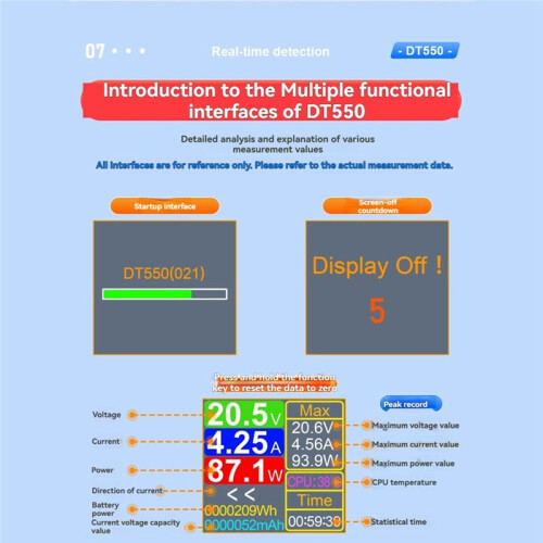 DT550 600W Digital Voltage Current Tester DC5.5x2.5mm Interface Digital Power Meter Power Capacity Meter DC4.5-50V A 1