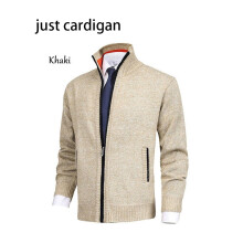 (Khaki,M)Men Knitted Cardigan Sweater Jacket Stand Collar Loose Fit Autumn Winter Clothes