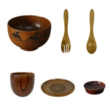 12Pcs Japanese Tableware Set Wood Bowl Spoon Fork Cup Use