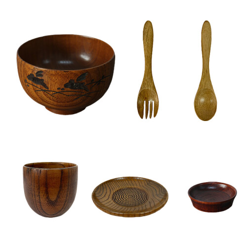 12Pcs Japanese Tableware Set Wood Bowl Spoon Fork Cup Use