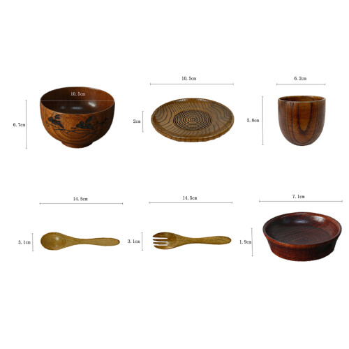 12Pcs Japanese Tableware Set Wood Bowl Spoon Fork Cup Use 1