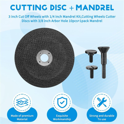 Rodas de Corte de 3 Polegadas com Kit de Mandril de 1/4 de Polegada, Discos de Corte de Rodas com Furo de Eixo de 3/8 de Polegada 10 Peças + 1 Pacote 1