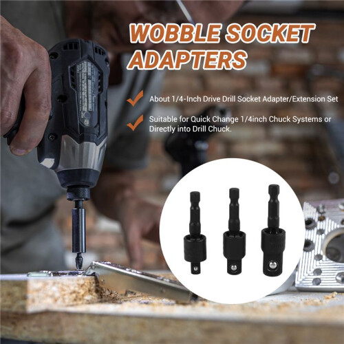 3PC Wobble Socket Adapters Universal Joint Swivel Socket Set, 1/4 Inch Hex Shank to 1/4 3/8 1/2 Square Socket Drives 1