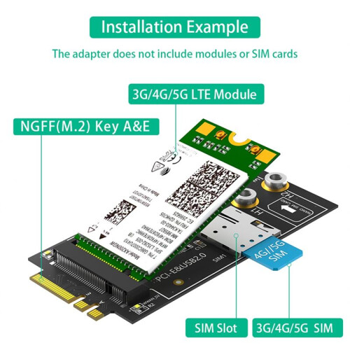 Adattatore M.2 Key B A A+e con Slot per Scheda  SIM per Modulo 3G/4G/5G