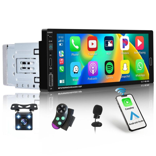 6,9 Polegadas Sem Fio Carplay Estéreo para Carro com Tela Sensível Ao Toque de Ruído Único, Android Auto  Mirror Link FM Mic SWC 2