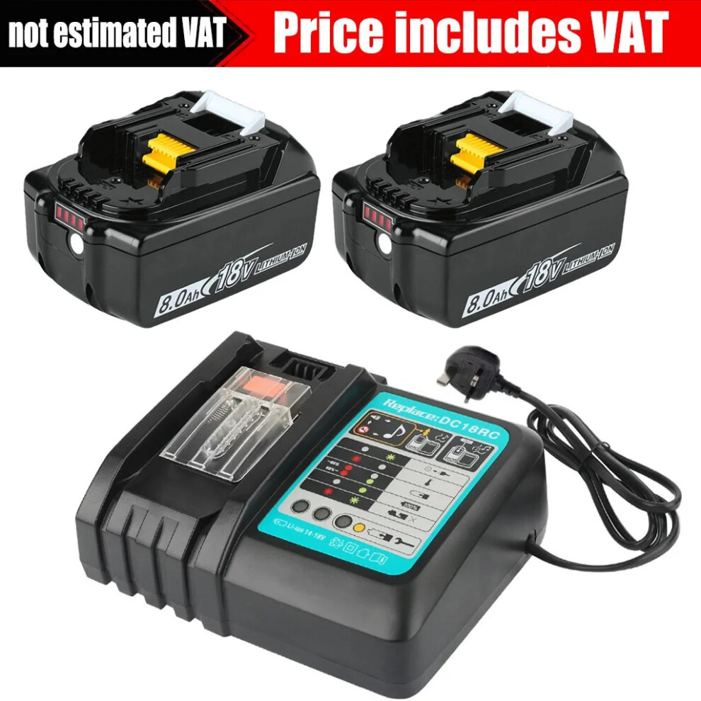 2x8.0Ah Charger Replacement For Makita 18V Battery Li-Ion BL1860 BL1830 BL1850 BL1840