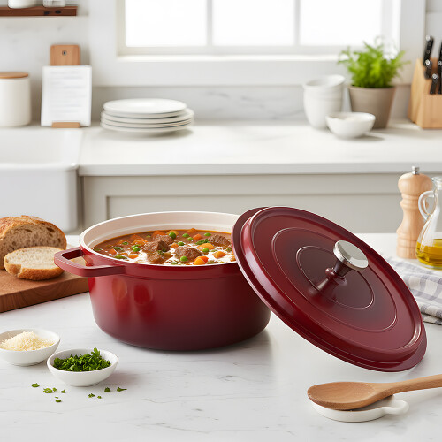 Living And Home Enameled Cast Aluminium Dutch Oven Pot with Lid, Red 1