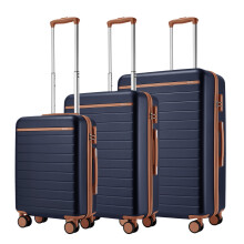 (Navy/Brown, 20+24+28Inch) 20/24/28Inch Hard Shell Suitcase 4 Wheels Cabin Hand Luggage Travel Case ABS+PC