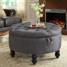 Round Storage Ottoman Stool Upholstered Coffee Table Pouffe Double-Side Lid Box