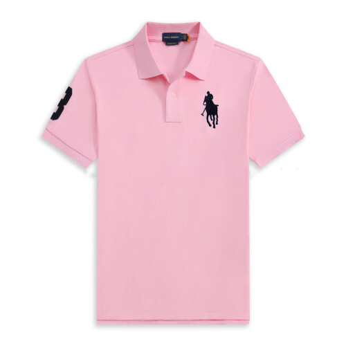 (Pink, M) Men's Custom Fit Polo Shirt Cotton Short Sleeve Large Pony Polo Top