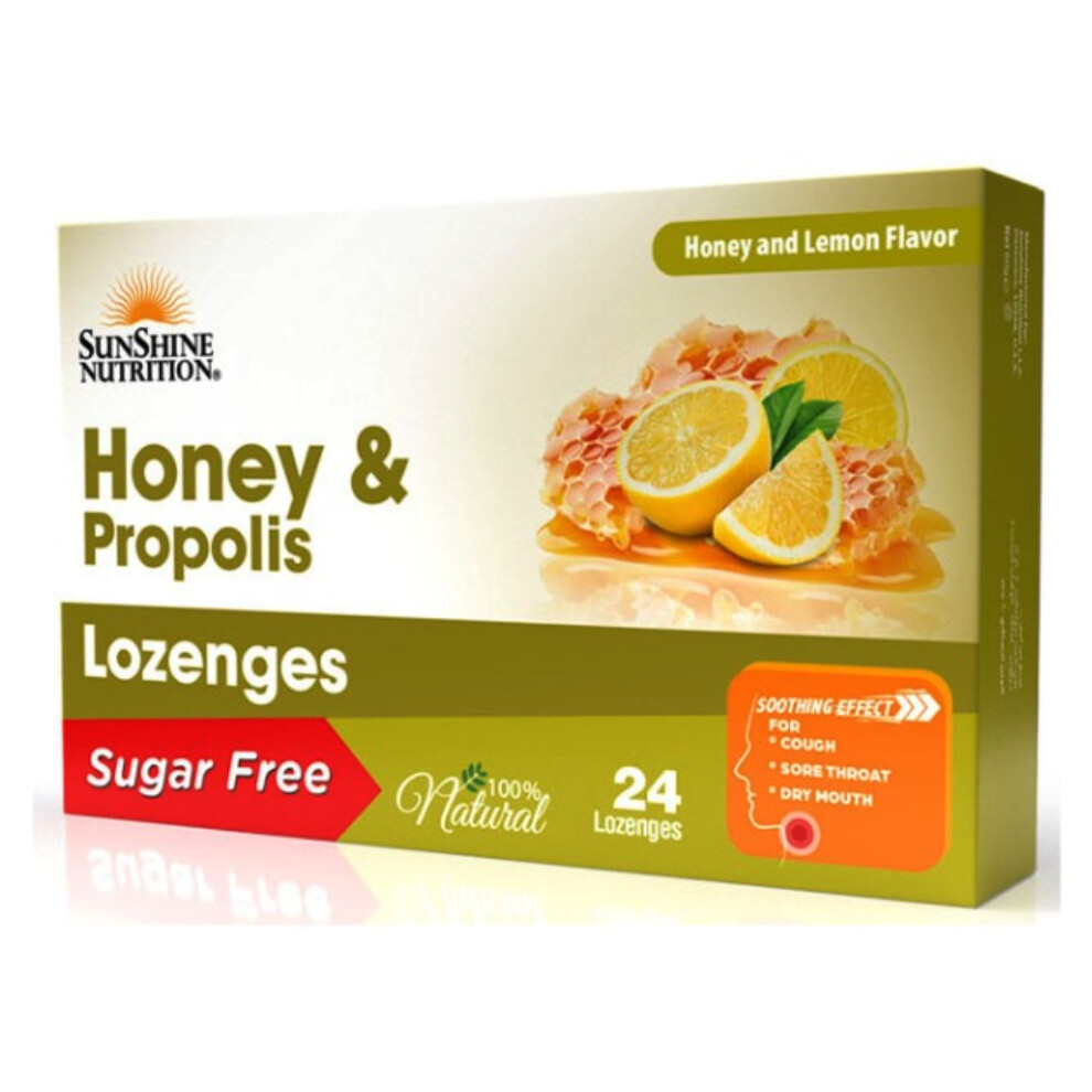 Sunshine Nutrition Honey & Propolis Sugar Free Lozenges Honey Lemon 24s | Provides soothing relief for sore throat pain and irritation