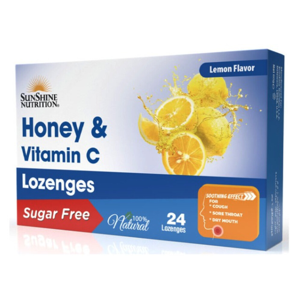Sunshine Nutrition Honey & Vitamin C Sugar Free Lozenges Lemon 24s| Sore Throat Relief & Immune Support