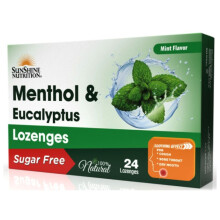 Sunshine Nutrition Menthol & Eucalyptus Sugar Free Lozenges Mint 24s | Provides soothing relief for sore throat pain