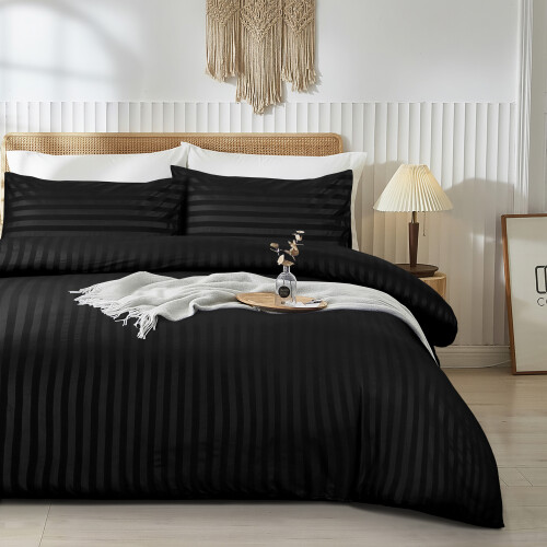 (King, Black) Stripe Duvet Cover Set Bed Quilt & Pillowcase Pair