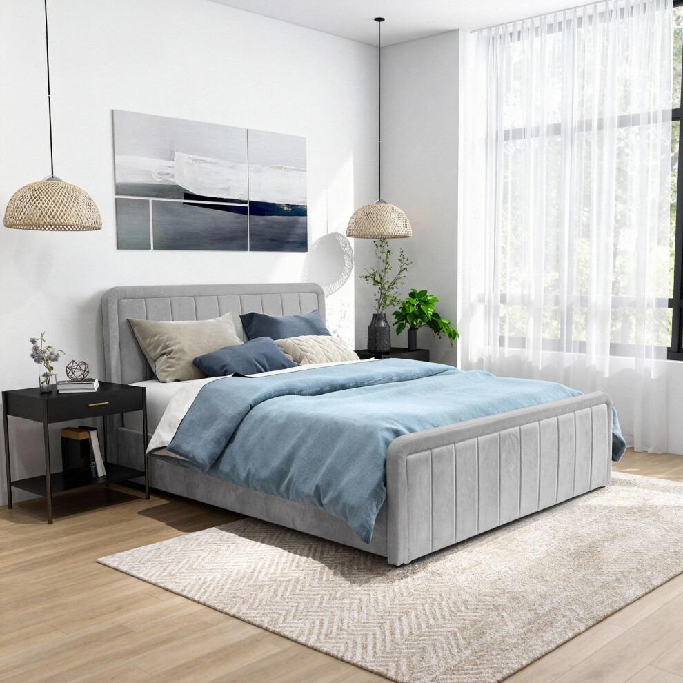 Comfy Living (5Ft Kingsize, No Mattress) Light Grey Brushed Velvet Ottoman Bedframe In 3Ft, 4Ft6 Or 5Ft