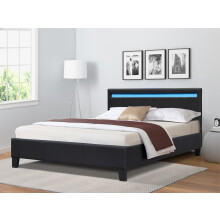 (4ft6 Double, No Mattress) Black Faux Leather Modern Bed Frame With LED 3ft 4ft 4ft6 5ft