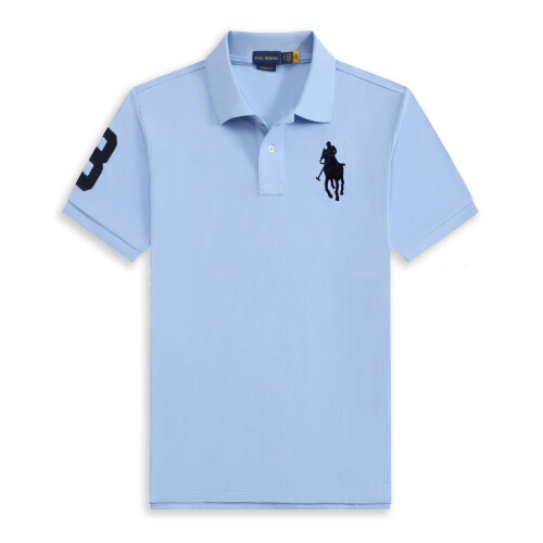 (Light blue, L) Men's Custom Fit Polo Shirt Cotton Short Sleeve Large Pony Polo Top