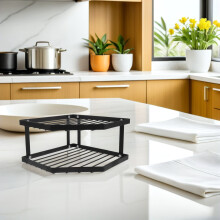 Space Saving Black Double Tier Corner Kitchen Shelf Rack for Organizing Pots Pans and Stationary Items