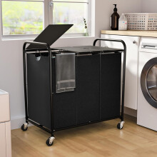 180L 3-Section Rolling Laundry Sorter with Lockable Wheels, Lid & Removable Bags – Black