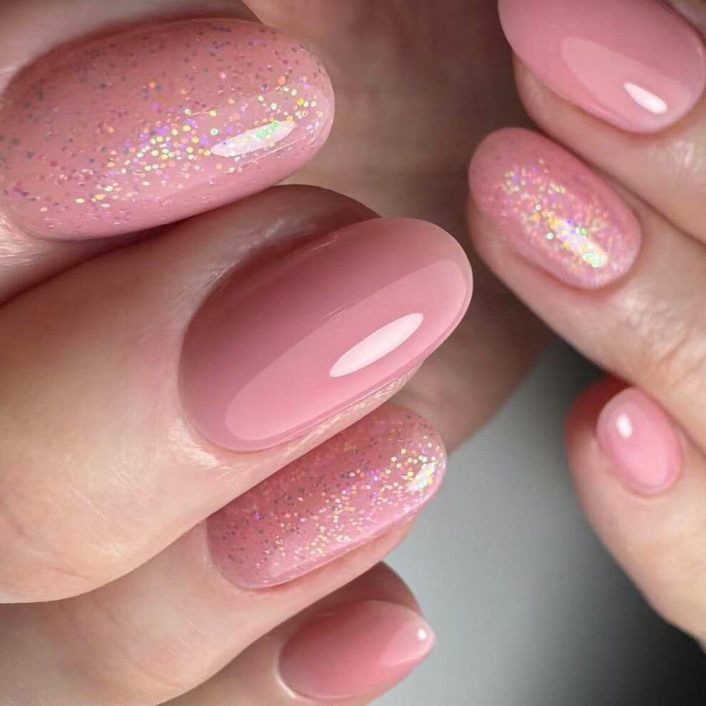 Glitters Press on Nails Spring False Nails Short Short Oval on Nails Glossy Acrylic Press on Nails for Wedding Party