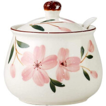 Sucrier japonais en céramique avec couvercle et cuillère à motif floral, avec couvercle et cuillère.