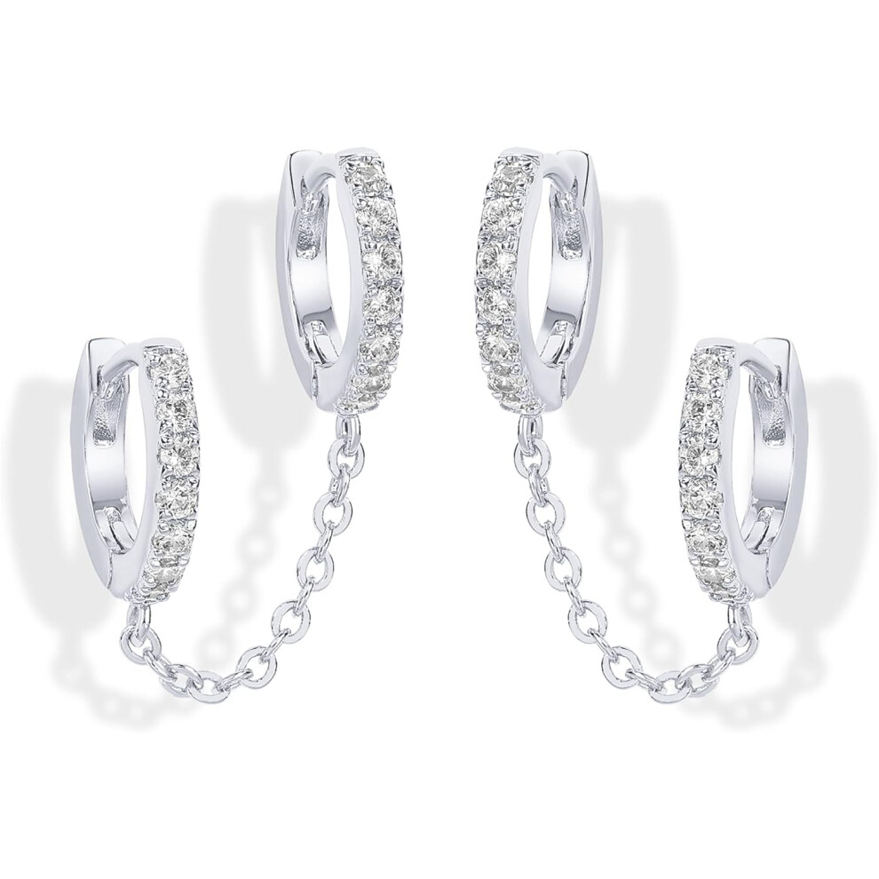 Hkedes (White Gold, Double Cz) 14K Gold Chain Earrings For Women | Double Piercing Dangle Chain Huggie Hoop Earrings White,Gold