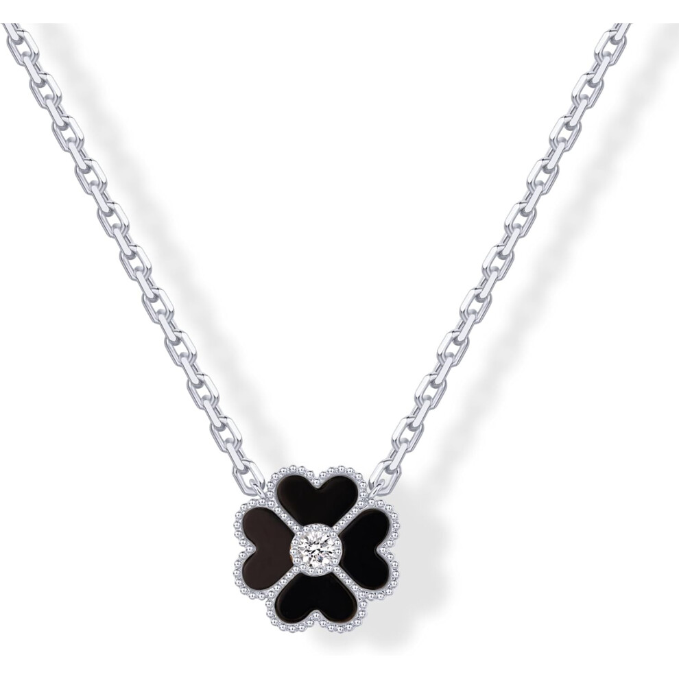 (White Gold, Black Onyx Flower) 14K Gold Plated Clover Necklaces for Women - Lucky Four Leaf Clover Necklace Pendant-image-OPC-PRZFTTX-NEW