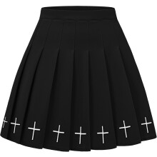 (M) Punk Cross Print Dark Mini Skirts Chain Belt Black Uniform Pleated Skirt