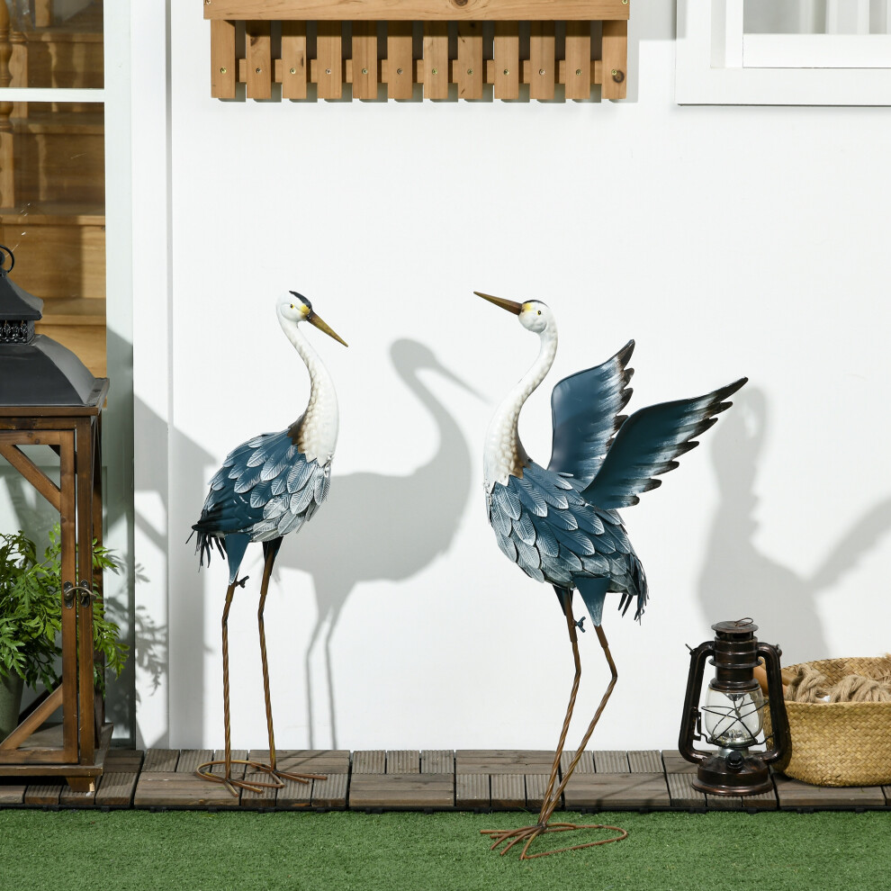 Outsunny Heron Garden Statues, Metal Garden Gift With Stakes, & Blue/White