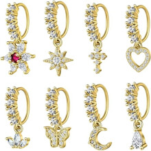 8-Pc Sparkling Nose Piercing Set: Gold-Plated Surgical Steel Leaf/Butterfly Hoops & Studs for Septum/Cartilage/Helix—Daily & Party Wear
