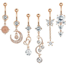 Stainless Steel Pendant Navel Ring Navel Perforation Transparent Inlay Body Perforation Jewelry, Rose Gold, 6-piece Set