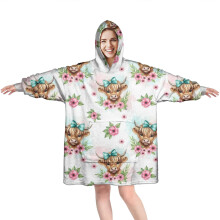 White Highland Cow Flower Bow Wearable Oversized Blanket Hoodie, Cozy Fuzzy Pullover with Super Pockets – Compatible with Adults