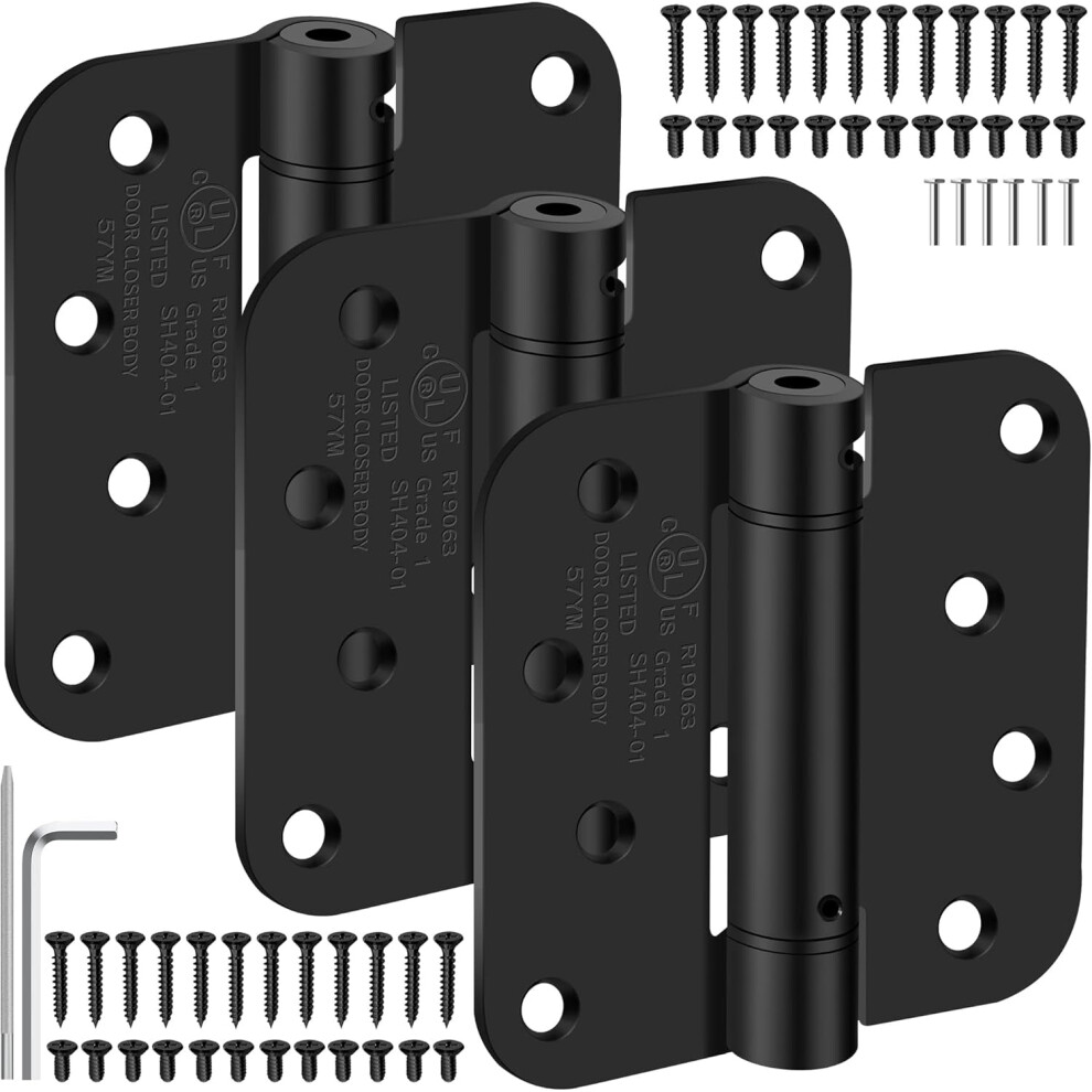 4" Self-Closing Door Hinges, 5/8" Radius, Spring-Loaded, Ul Listed, Matte Black, 3 Pack, Compatible With Left/Right Hand Doors 9180333237913