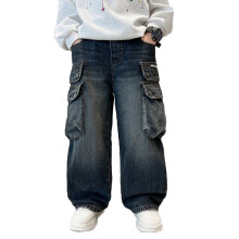 Boys Cargo Jeans, Straight Leg, Loose Fit, Stretch Denim with Elastic Waist, Comfortable Casual Trousers – Grey, 7-8 Years