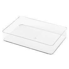 Bandeja transparente de plástico resistente com superfície antirriscos, ideal para painéis ripados e perfurados. Design elegante e solução de
