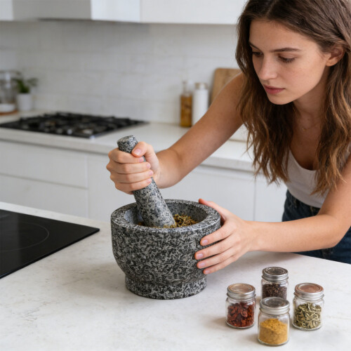 Ensemble bol et pilon en roche fine avec pilon-sésame noir 2