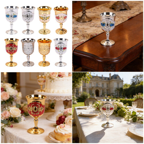 2Pcs Elegant Embossed Metal Wine Drinking Cup Goblet With-1 2