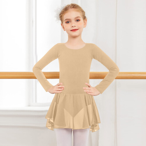 Mädchen-Tanzkleid mit Netzärmeln und fließendem Rock, Kamel 1