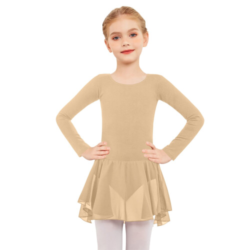 Mädchen-Tanzkleid mit Netzärmeln und fließendem Rock, Kamel 2
